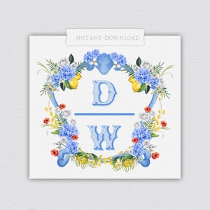 DW Vintage Flowers Crest, Lemon Wedding Logo, WD Digital Monogram Wedding Crests, Vintage Wedding Crests, D&W Monogram, Vintage Flowers