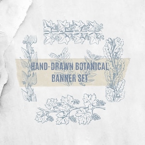 Wedding Clip Art Bundle, Botanical Banner Clipart Set, Hand Drawn Digital Blue PNG, Vintage Botanical Set, Vintage Flower and Crown set