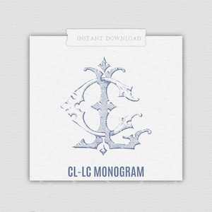 May include: A blue and white monogram design with the letters CL and LC intertwined. The letters are in a decorative, ornate font. The text "CL-LC MONOGAM" is below the monogram.