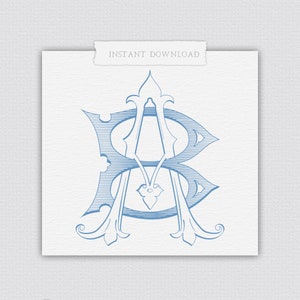 May include: A blue monogram with the letters "A" and "B" intertwined in a decorative, ornate style. The letters are stylized with flourishes and a floral design.