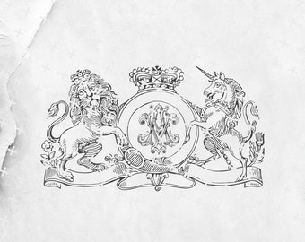 Floral Vintage AV Monogram Wedding Crest with Lion (Digital Download)