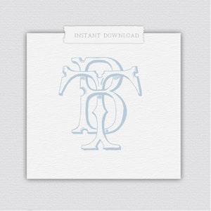 May include: A light blue monogram featuring the letters "RB" intertwined in a decorative, vintage style.