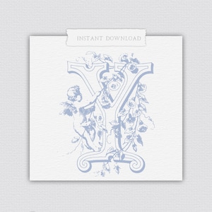 May include: A blue vintage illustration of the letter Y with a cherub holding onto the letter and surrounded by flowers.