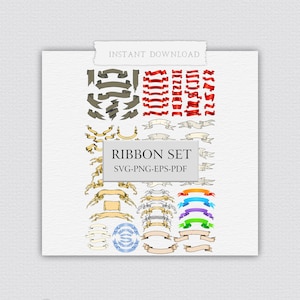 Può includere: Una collezione di vari disegni di nastri in diversi colori e stili. L'immagine include nastri in rosso, grigio, beige e blu, con il testo "RIBBON SET" e "INSTANT DOWNLOAD". L'immagine include anche i tipi di file: SVG-PNG-EPS-PDF.