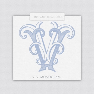 Puede incluir: Un monograma vintage azul con las letras V-V. El monograma está en un estilo decorativo y adornado con espirales y florituras. El texto "INSTANT DOWNLOAD" y "V-V MONOGRAM" también están incluidos en la imagen.