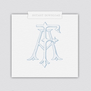 Puede incluir: Un monograma azul claro con las letras "AF" en una fuente decorativa y estilizada. Las letras están entrelazadas y tienen un diseño puntiagudo y ornamentado. El texto "INSTANT DOWNLOAD" aparece en la parte superior de la imagen.