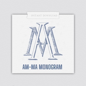 May include: A blue and white monogram design with the letters AM-MA. The letters are in a vintage style font and are overlapping.