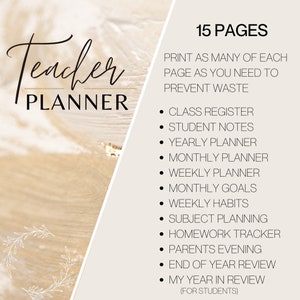 Peut inclure: Un planificateur d'enseignant imprimable avec un fond beige et un motif floral blanc. Le planificateur comprend 15 pages avec des sections pour le registre de classe, les notes des élèves, le planificateur annuel, le planificateur mensuel, le planificateur hebdomadaire, les objectifs mensuels, les habitudes hebdomadaires, la planification des matières, le suivi des devoirs, les soirées parents, la revue de fin d'année et mon année en revue (pour les élèves).