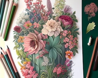 May include: A colorful bouquet of flowers in a green vase. The flowers include pink, white, red, and purple blooms. The vase is decorated with a floral pattern.