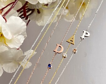 925K Silver Initial Birthstone Necklace,18K Gold Plated Letter Necklace,Custom Necklace,Minimalist Necklace,Dainty Necklace,Valentines Day