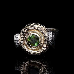 Tourmaline Diamond Ring: 14k Gold, Textured Sterling Silver Band