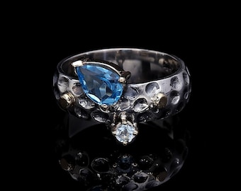 Blautopasring, Aguamarinring, 14k Goldring, Gold- und Silberring, zweifarbiger Ring, Edelsteinring, gemischter Metallring, Geschenk für Frauen