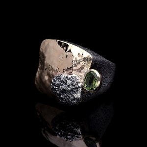 Green Tourmaline Ring: 14K Gold Hammered Band, Textured Silver