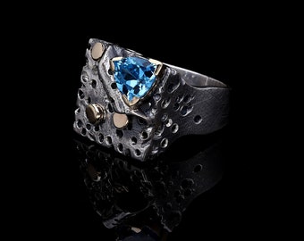 Brilliant Blue Topaz Triangle Ring - Handcrafted  Sterling Silver and Gold, Brilliant Blue Topaz Ring, Handcrafted Gemstone Statement Piece