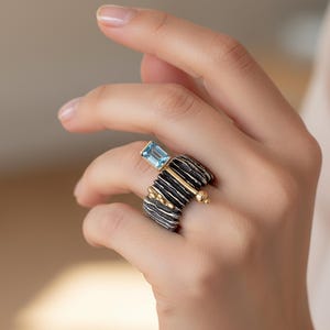 Blue Topaz Ring: 14 Carat Gold Ring, Wave Textured Silver Wide Band Ring, Fancy Ring, Colored Stone Ring, Design Ring