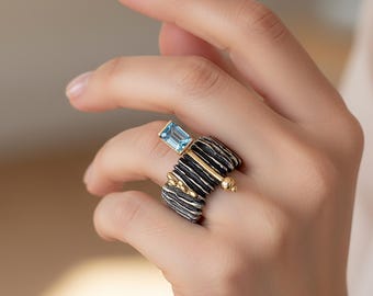 Blue Topaz Ring: 14 Carat Gold Ring, Wave Textured Silver Wide Band Ring, Fancy Ring, Colored Stone Ring, Design Ring