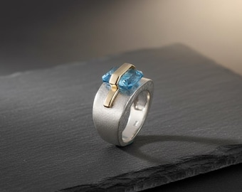14K Gold Accent Blue Topaz Ring, Chunky Sterling Silver Textured Band, Emerald Cut Blue Topaz Mixed Metal Ring, Artisan Statement Jewelry
