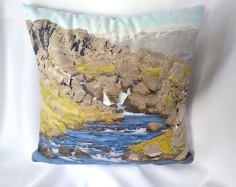 Iceland Mountain Stream/ Ocean Cliffs Pillow: Microfiber Square Pillow