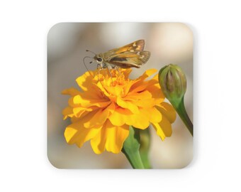 Skipper Butterfly on Marigold Glossy Coasters Set of 4