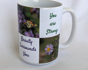 Affirmations Monarch Butterflies and Purple Aster Flowers Ceramic Mug 15oz