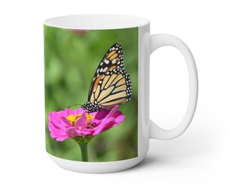 Monarch Butterfly Pink Flower Ceramic Mug 15oz