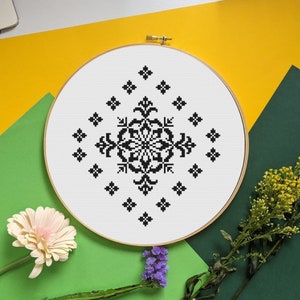 Peut inclure: Motif de broderie noir et blanc d'un motif géométrique dans un cercle.