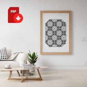 Peut inclure: Motif géométrique noir et blanc dans un cadre carré. Le motif est composé de carrés et de losanges répétés.