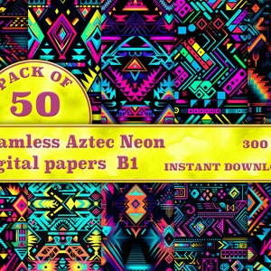May include: A pack of 50 digital papers featuring seamless Aztec neon patterns. The patterns are vibrant and colourful, with a black background and geometric shapes in neon colours.