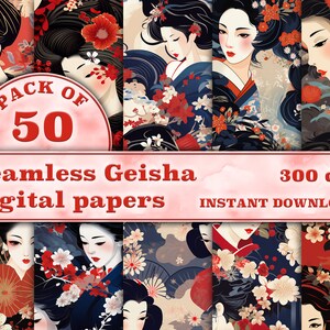 Può includere: Un pacchetto di 50 carte digitali con motivi senza cuciture di geishe in abiti tradizionali giapponesi con fiori di ciliegio e altri motivi floreali. Il testo "PACK OF 50 Seamless Geisha digital papers 300 dpi INSTANT DOWNLOAD" è visualizzato su uno sfondo rosa.