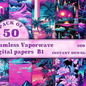 50 Vaporwave Digital Paper, Vaporwave Seamless Pattern, Neon Prints, Vaporwave Neon Background | Commercial use