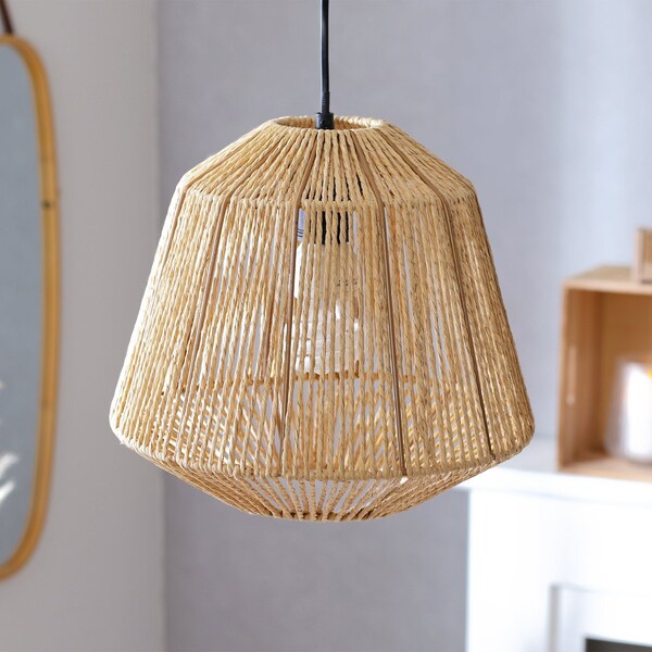 Hängelampe LED Rattan Optik Boho Natur Lampe Lampenschirm Leuchte  D29cm Esszimmer Wohnzimmer Flur