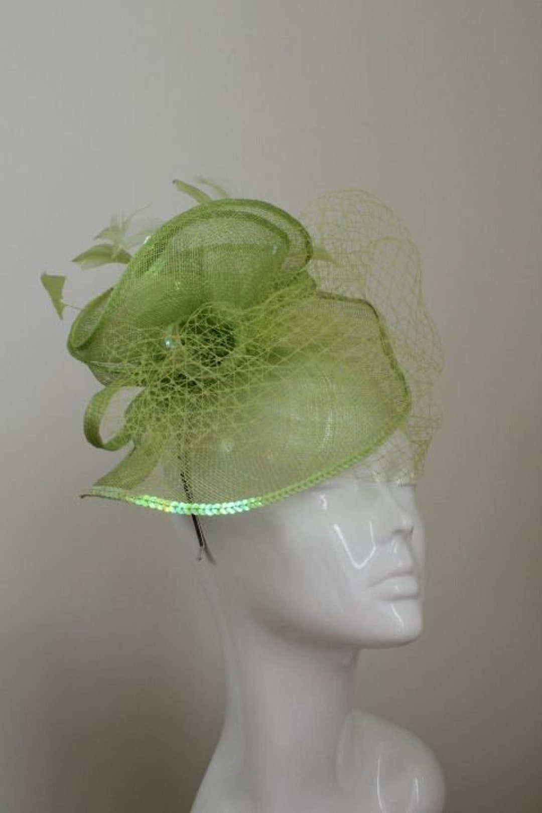Lime Green Fascinator With Netting and Sequins Millinery Etsy