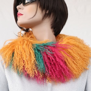 Fur Scarf Fur Tibetan Lamb Boa Loop Collar Lambskin Coat Trim Orange with Green Pink EFD 60 cm long