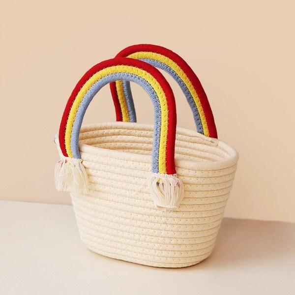 Cute Cotton Weave handbag with Rainbow Handles Beach Bag Picnic Bag Basket Shoulder Bag