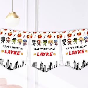 Banderines personalizados de superhéroes para fiestas de cumpleaños
