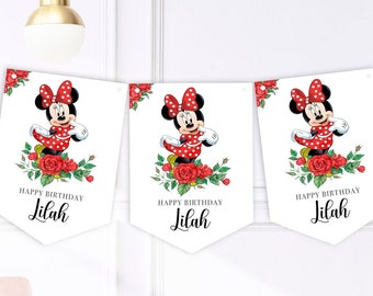 Personalised Red Minnie Mouse Birthday Party Buntings - Banner