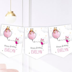 Personalised Pink Winnie and Piglet Birthday Party Buntings - Banner