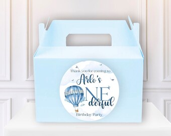 Personalised Blue ONEderful Hot Air Balloon Birthday Party Glossy Thank You Party Box Stickers