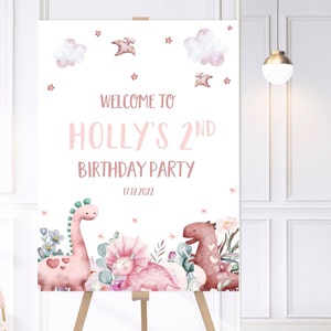 Personalised Pink Dinosaur Birthday Party Welcome Sign