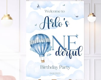 Personalized Blue Hot Air Balloon ONEderful Birthday Welcome Sign (A1, A2, A3, A4)