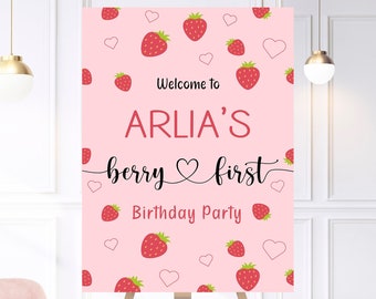 Personalised Pink Heart Strawberry Berry First Birthday Party Welcome Sign