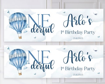 2x Personalised Blue ONEderful Hot Air Balloon Birthday Party Banners