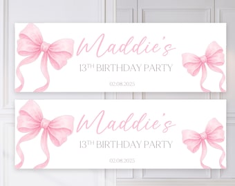 2x Personalised Pink Bow Birthday Party Banners