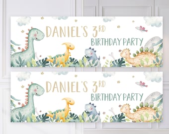 May include: Two printable dinosaur birthday party banners with the text "Daniel's 3rd Birthday Party". The banners feature green, blue, yellow, and orange dinosaurs with a white background.