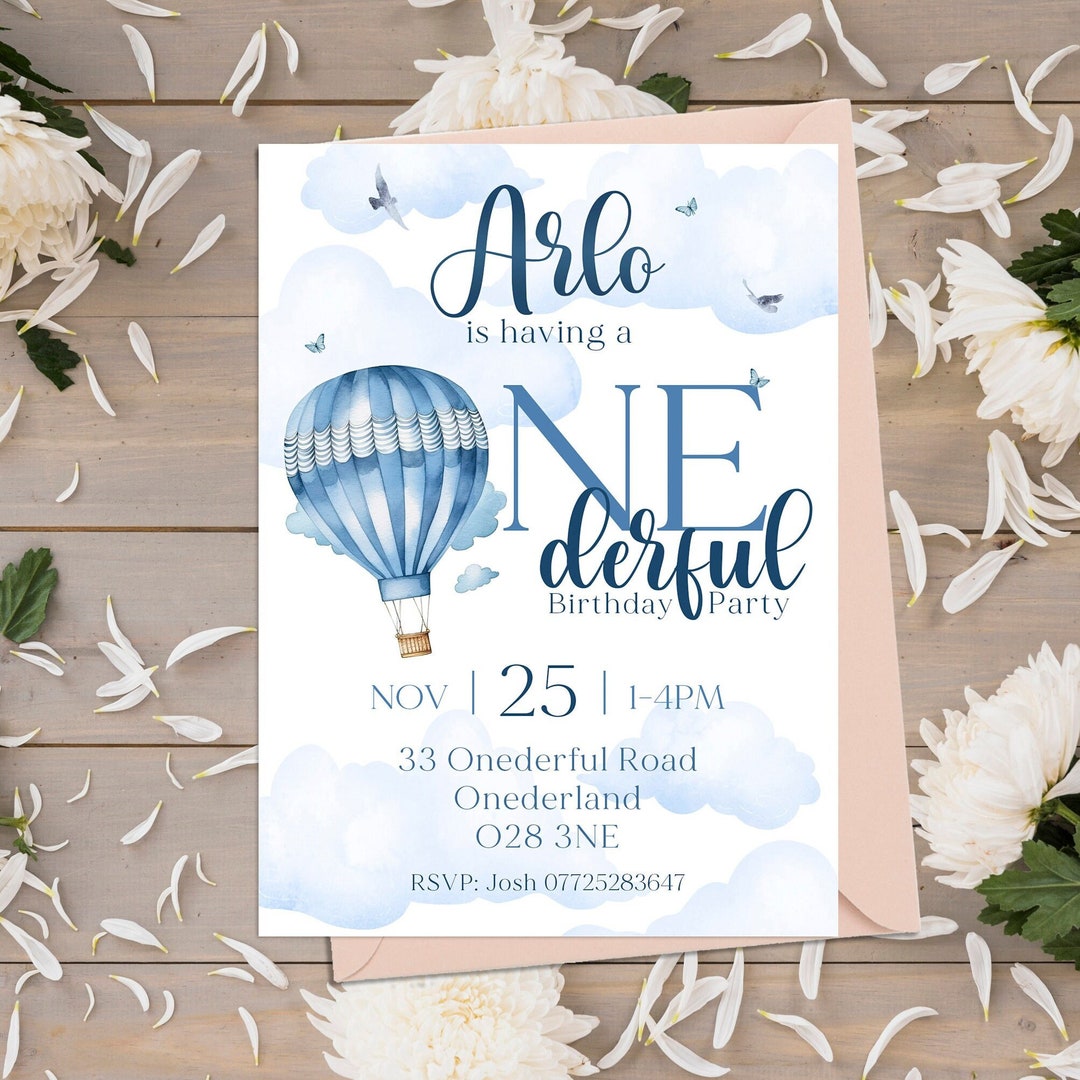 Max Air Invitations Personalised Blue Onederful Hot Air Balloons Birthday Party Invitations ...