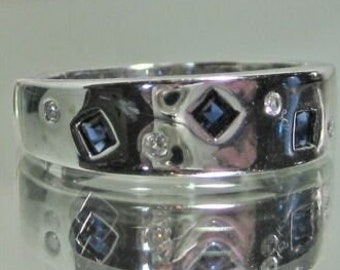 14K White Gold Ring, Men's Engagement Band, 1.3 Ct Sapphire Ring, Wedding Bezel Set Ring, Gift For Him, Anniversary Band, Handmade Jewelry