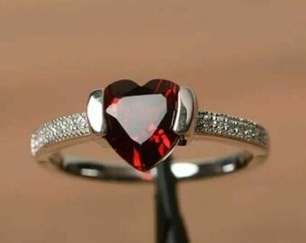 Heart Shape 1.5 Ct Garnet Ring, Wedding Anniversary Ring, 14K White Gold, Promise Ring, Gift For Her, Handmade Jewelry, Valentine's Day Gift