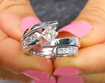 Anillo de diamante de corte princesa de 1 quilate, anillo de oro blanco de 14 quilates, anillo de conjunto de tensión de derivación, regalo para ella, anillo de bodas, joyería hecha a mano, regalo personalizado