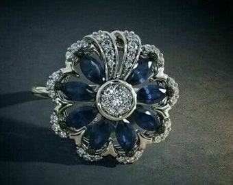 Anillo de compromiso botánico, anillo de oro blanco de 14 quilates, anillo de flores de boda, anillo de zafiro de 2,4 quilates, regalo para ella, regalo personalizado, joyería hecha a mano