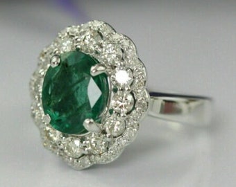 14K White Gold Ring, 2.5Ct Emerald Ring, Engagement Trouwringen, Dubbele Halo Ring, Cadeau voor haar, gepersonaliseerde geschenken, jubileumcadeau